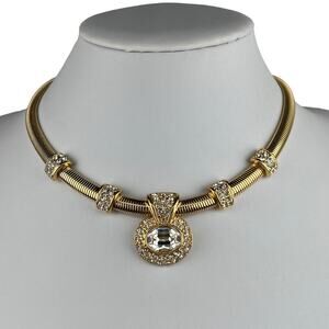 Monet Vintage Gold Tone Omega Chain Necklace Clear Rhinestones 17"